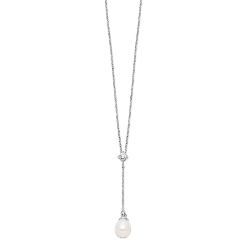 Sterling Silver 925 Polished Pearl CZ Drop Necklace Elegant Women's Jewelry