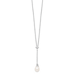 Sterling Silver 925 Polished Pearl CZ Drop Necklace Elegant Women's Jewelry