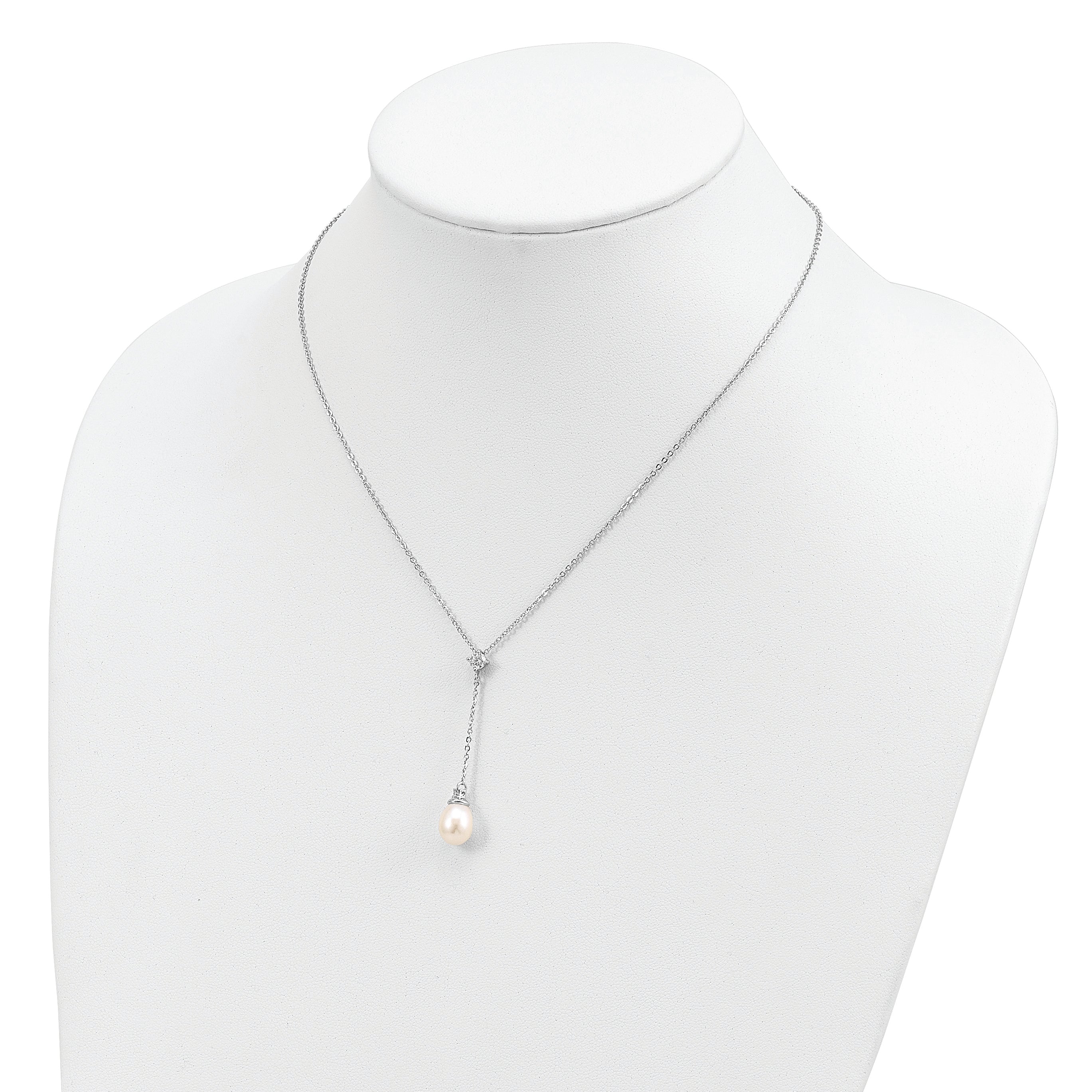 Sterling Silver 925 Polished Pearl CZ Drop Necklace Elegant Women's Jewelry