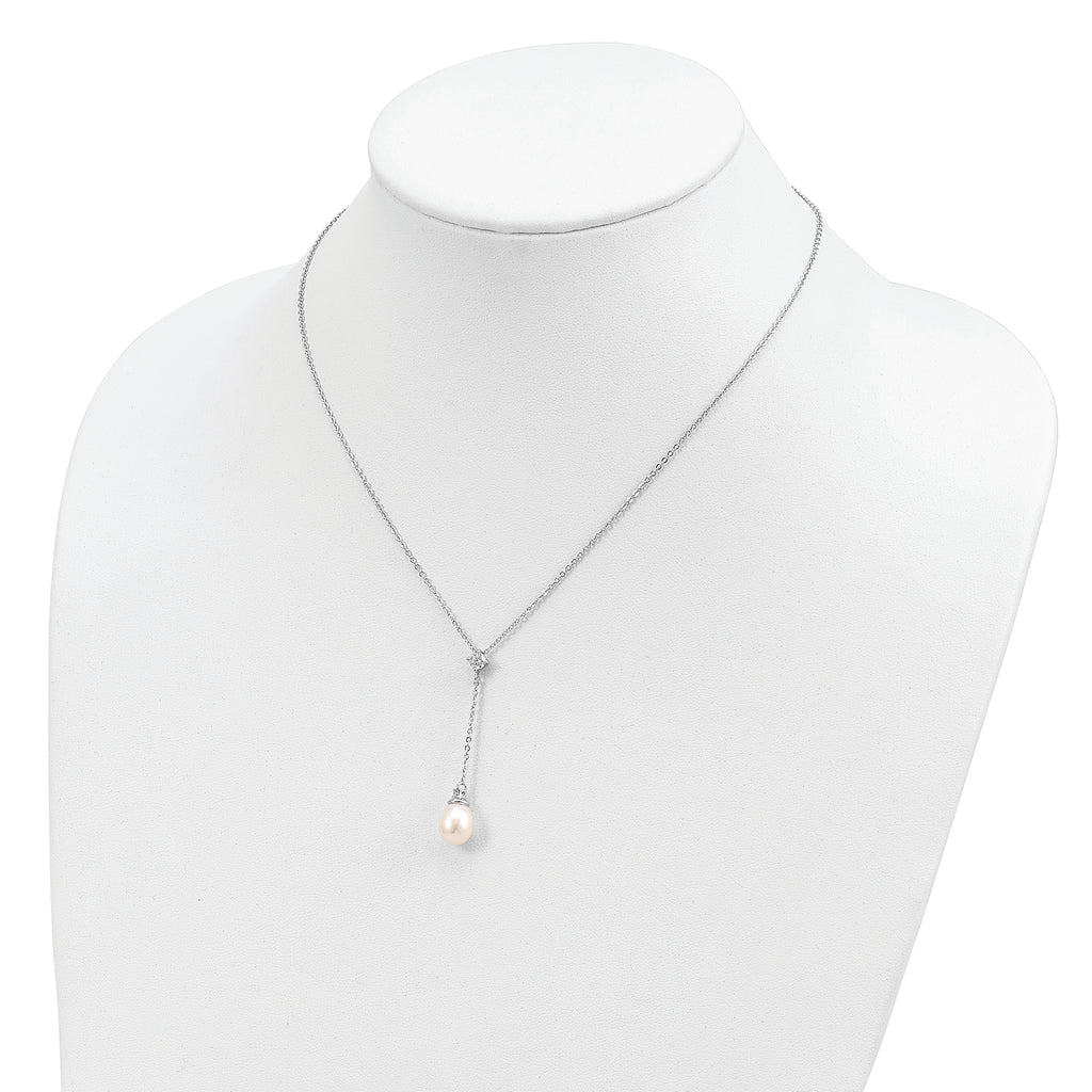 Sterling Silver 925 Polished Pearl CZ Drop Necklace Elegant Women's Jewelry