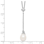 Sterling Silver 925 Polished Pearl CZ Drop Necklace Elegant Women's Jewelry