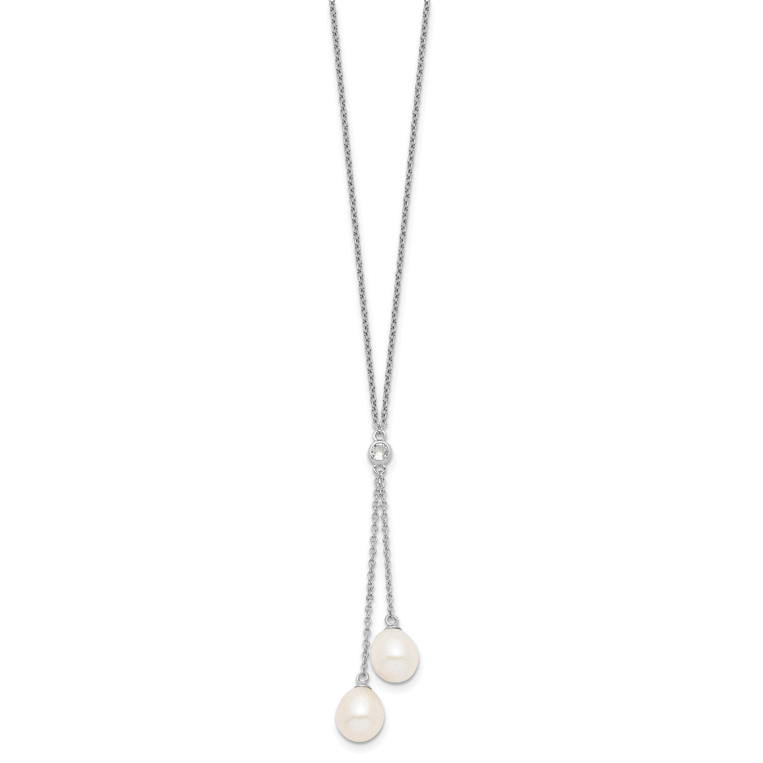 Sterling Silver Freshwater Pearl CZ Dangle Necklace Elegant Polished Finish Secondary image