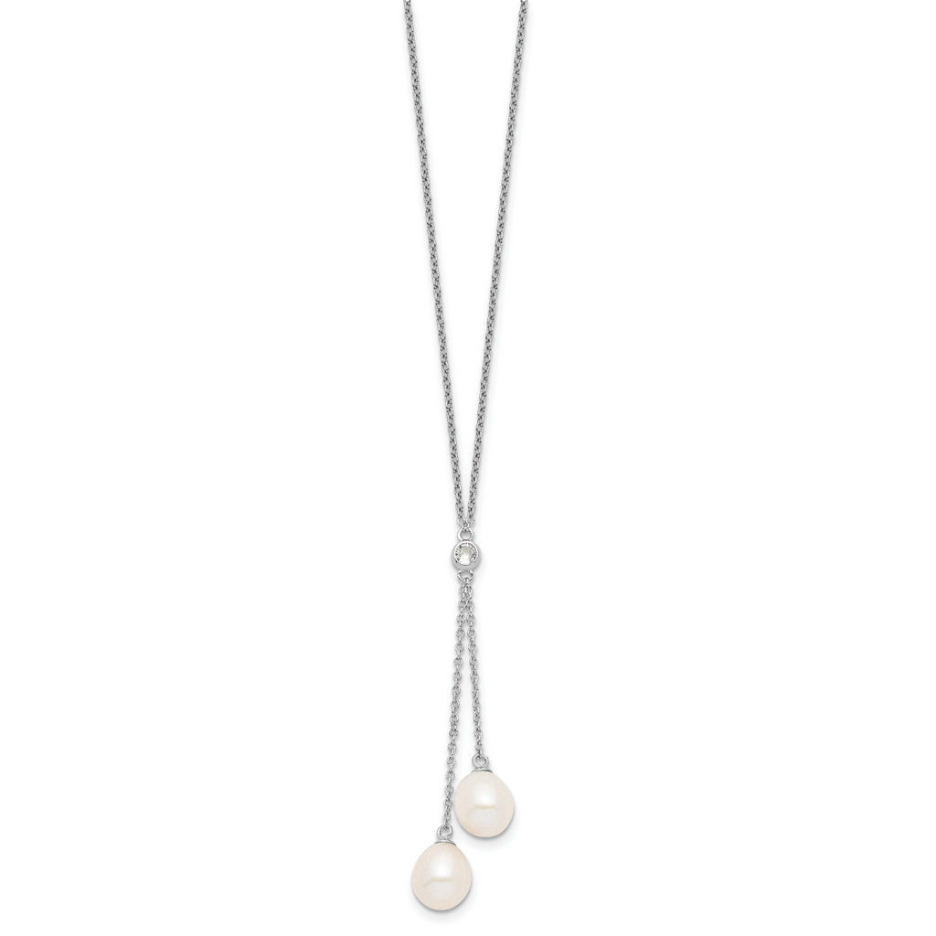 Sterling Silver Freshwater Pearl CZ Dangle Necklace Elegant Polished Finish