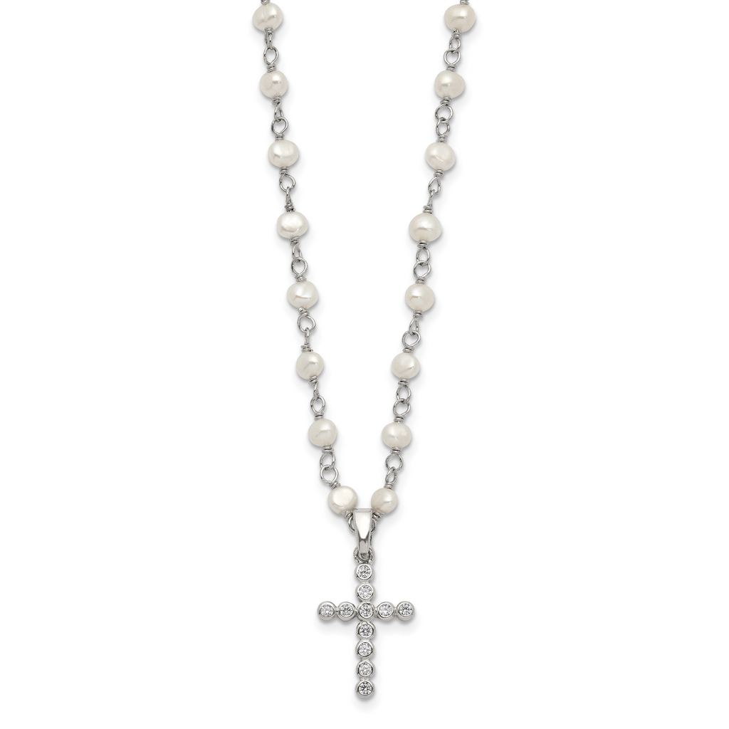 Sterling Silver Pearl CZ Cross Necklace with Rhodium-Plated Chain
