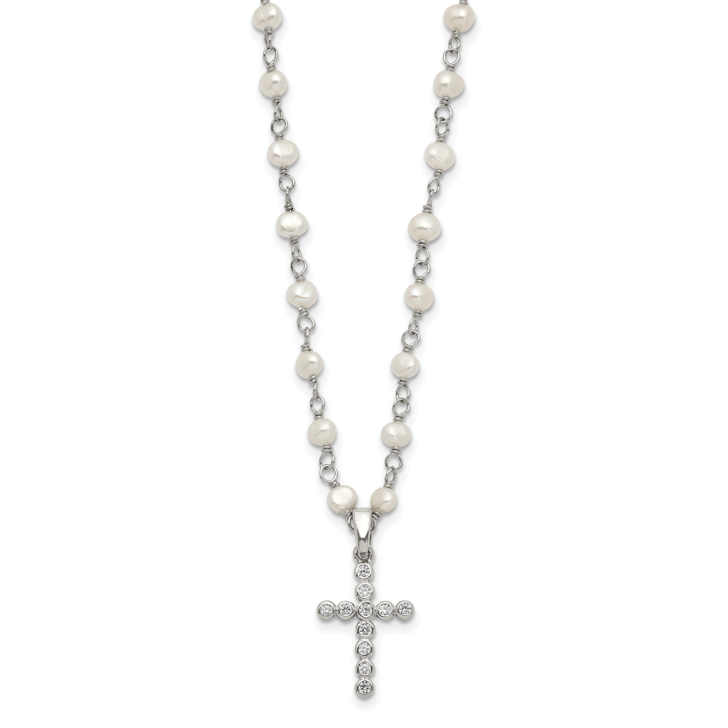 Sterling Silver Pearl CZ Cross Necklace with Rhodium-Plated Chain