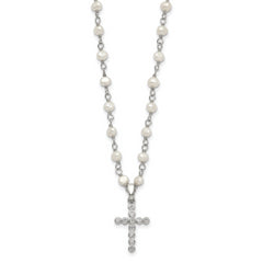 Sterling Silver Pearl CZ Cross Necklace with Rhodium-Plated Chain