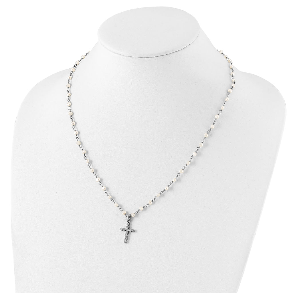 Sterling Silver Pearl CZ Cross Necklace with Rhodium-Plated Chain