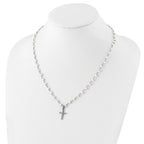 Sterling Silver Pearl CZ Cross Necklace with Rhodium-Plated Chain
