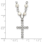 Sterling Silver Pearl CZ Cross Necklace with Rhodium-Plated Chain