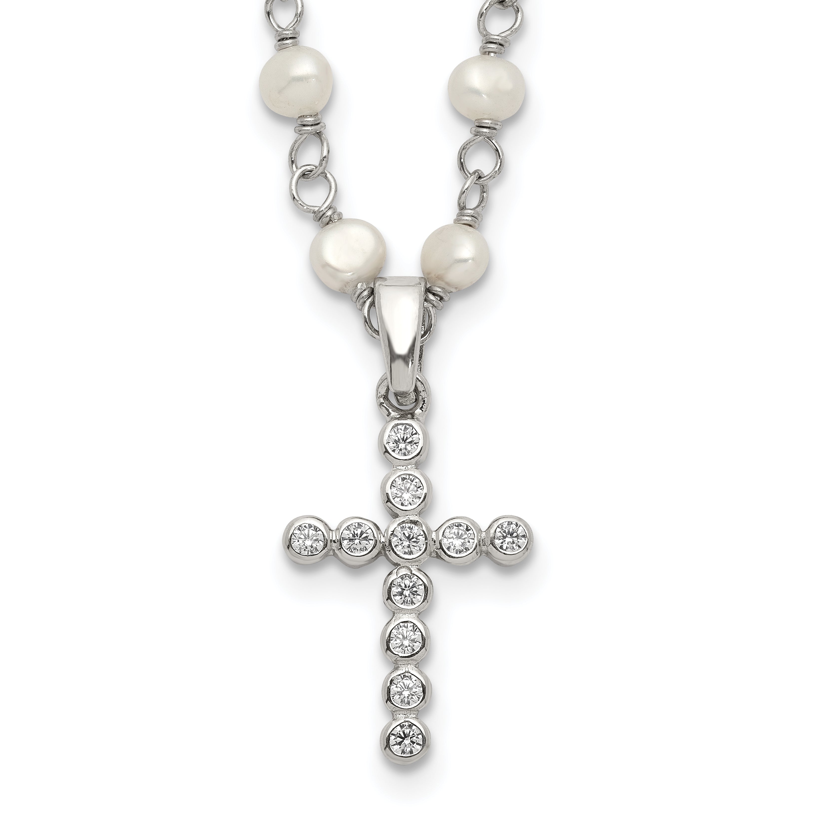Sterling Silver Rhodium-plated 4-5mm White FWC Pearl CZ Cross Necklace Main image
