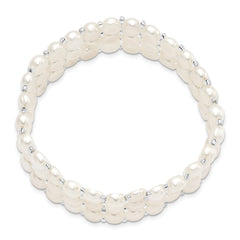 6-7mm White Button Freshwater Cultured Pearl and Glass Beaded 3-Row Stretch Bracelet