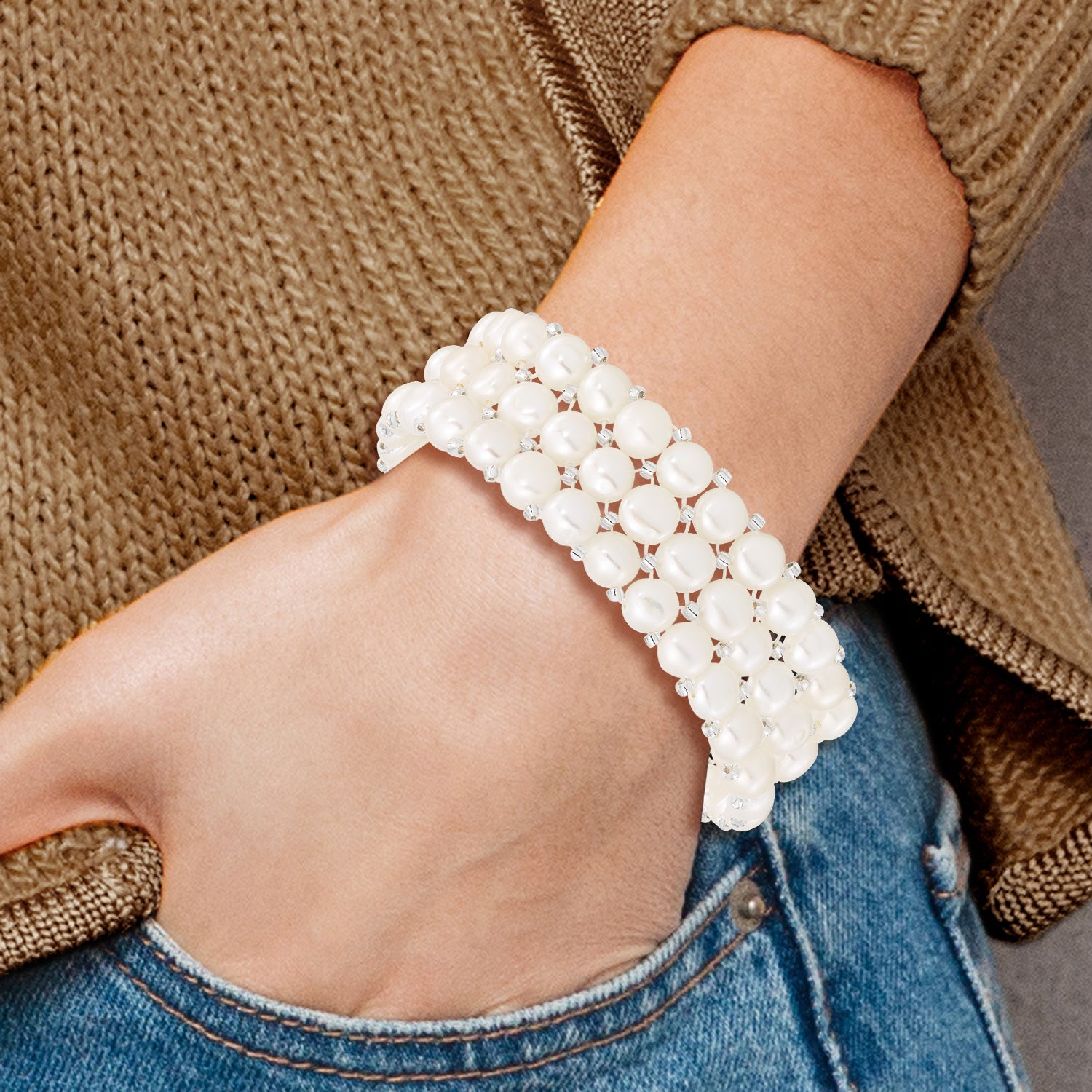 Sophia Jewelers White Freshwater Pearl Multi-Row Stretch Bracelet