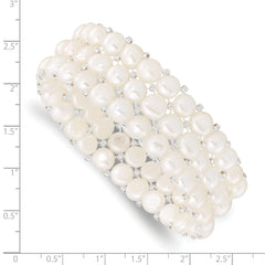 6-7mm White Button Freshwater Cultured Pearl and Glass Beaded 3-Row Stretch Bracelet