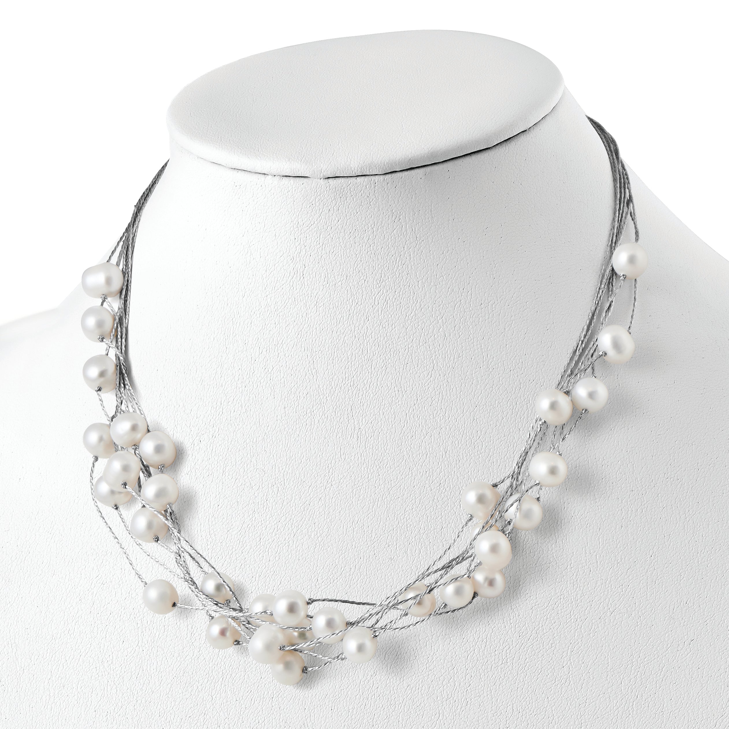 Sterling Silver 925 Multi-Strand White Pearl Necklace, Elegant Women's Jewelry