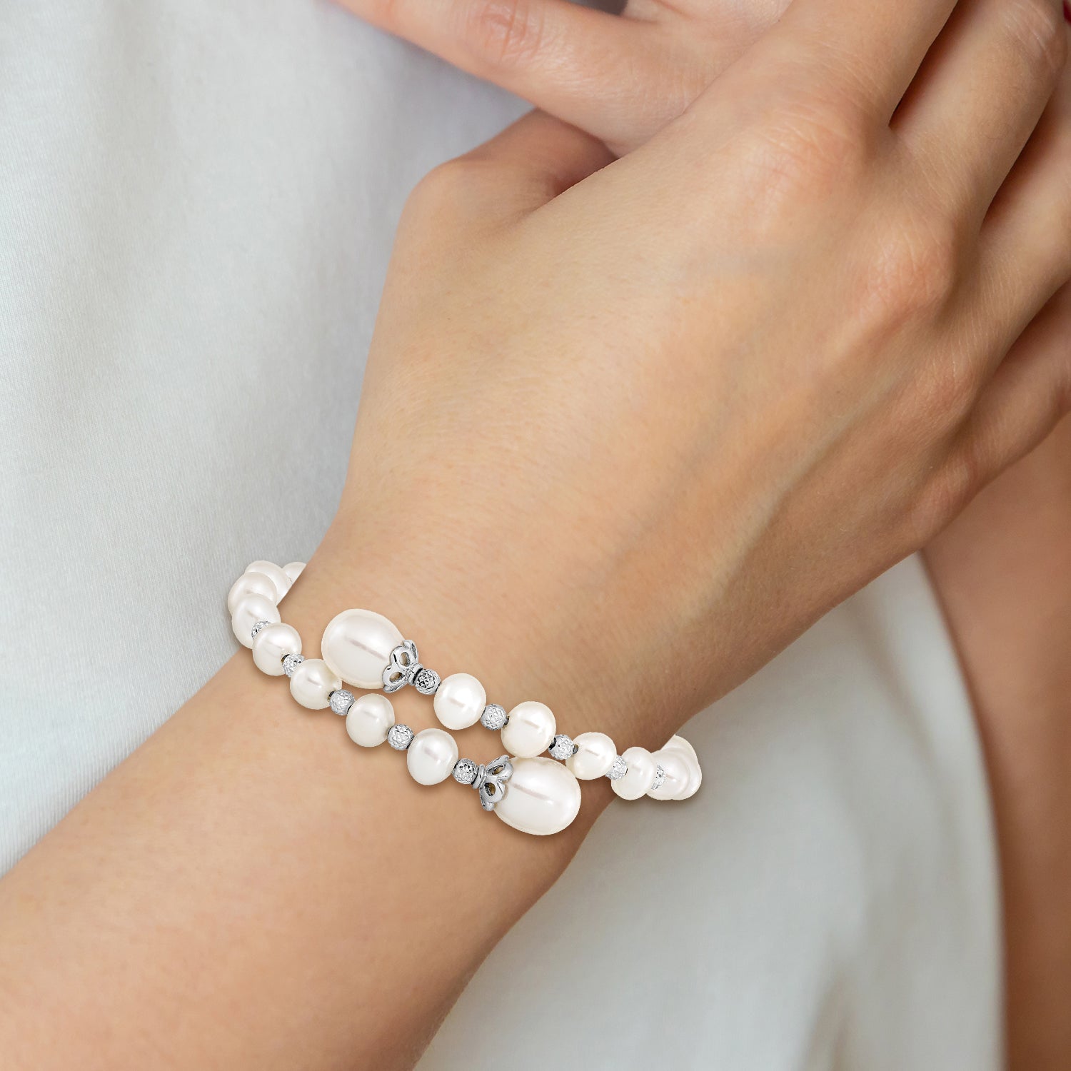 Sterling Silver 925 Pearl Wrap Bracelet with Rhodium-Plated Diamond Cut Beads