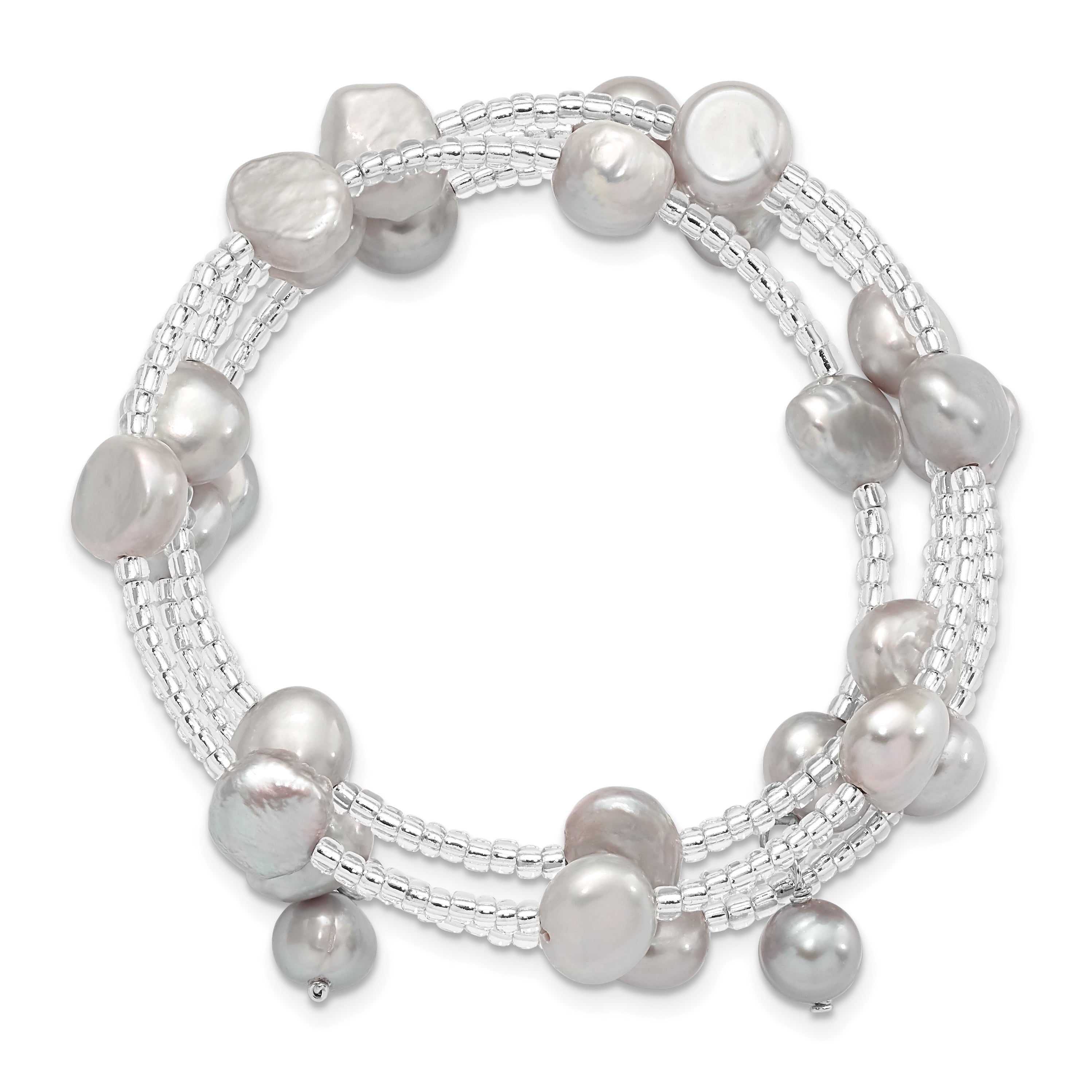 Sterling Silver Grey Baroque Pearl Wrap Bracelet with Glass Beads