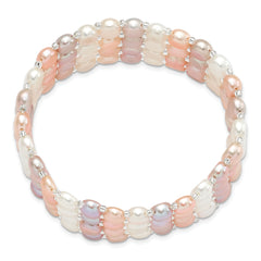 6-7mm White/Pink/Purple Button Freshwater Cultured Pearl and Glass Beaded 4-Row Stretch Bracelet