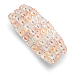 6-7mm Button FWC Pearl & Glass Bead 3-row Stretch Bracelet