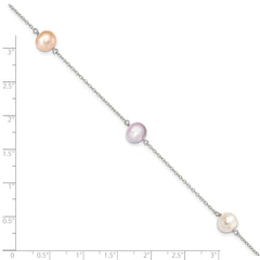 Sterling Silver Rh-p 3-stat 7-8m Wht/Pink/Pur Semi-round FWC Pearl Bracelet