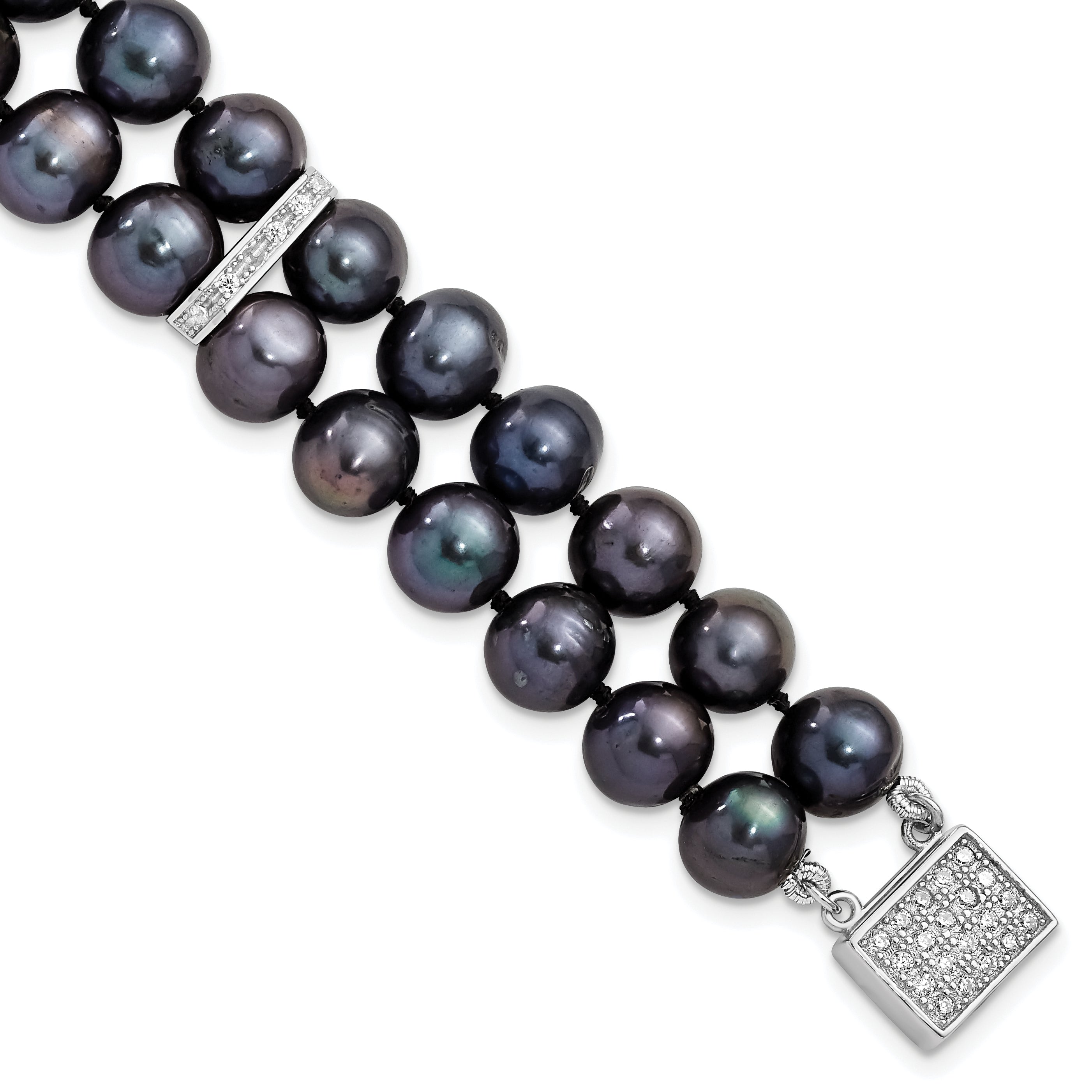 Sterling Silver RH 7-8mm Black FWC Pearl CZ 2-strand Bracelet Main image