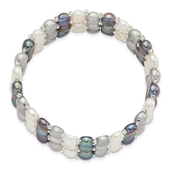 6-7mm White/Grey/Black Button Freshwater Cultured Pearl and Glass Beaded 3-Row Stretch Bracelet