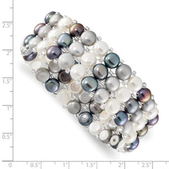 6-7mm White/Grey/Black Button Freshwater Cultured Pearl and Glass Beaded 3-Row Stretch Bracelet