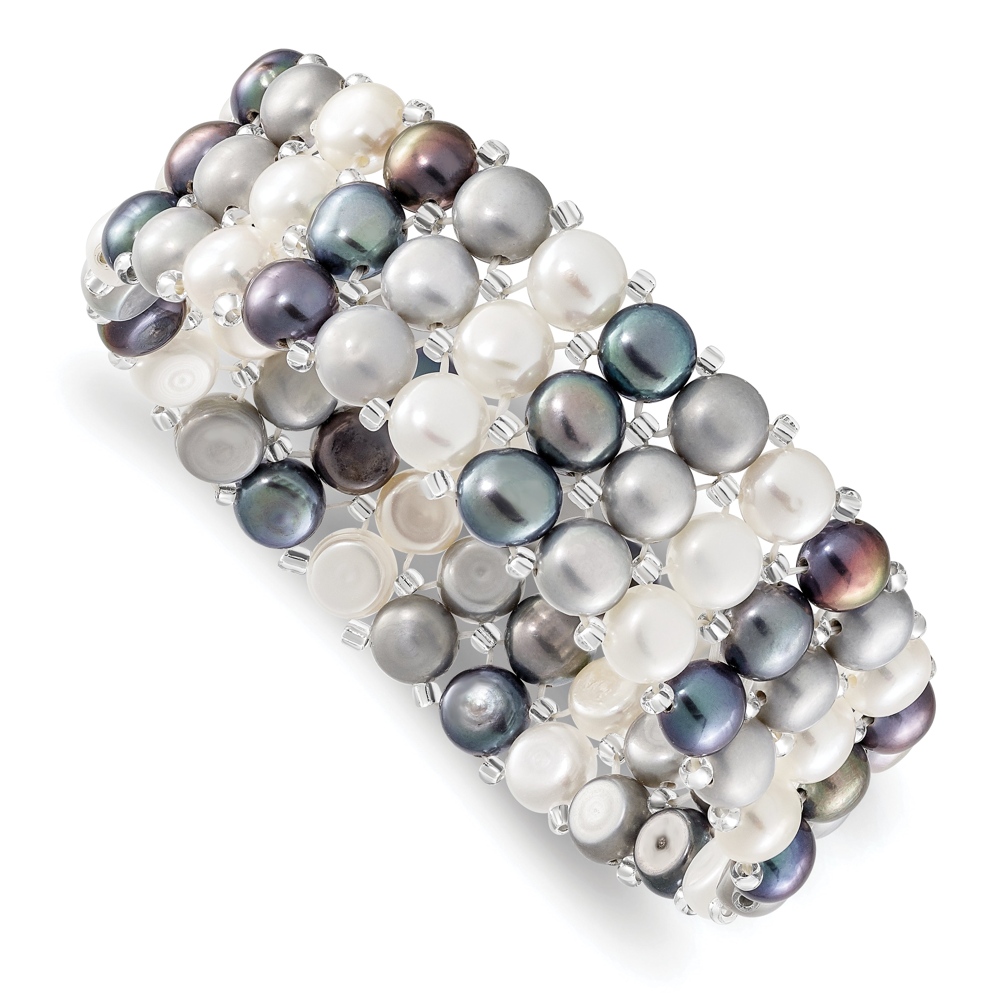 6-7mm White/Grey/Black Button Freshwater Cultured Pearl and Glass Beaded 3-Row Stretch Bracelet