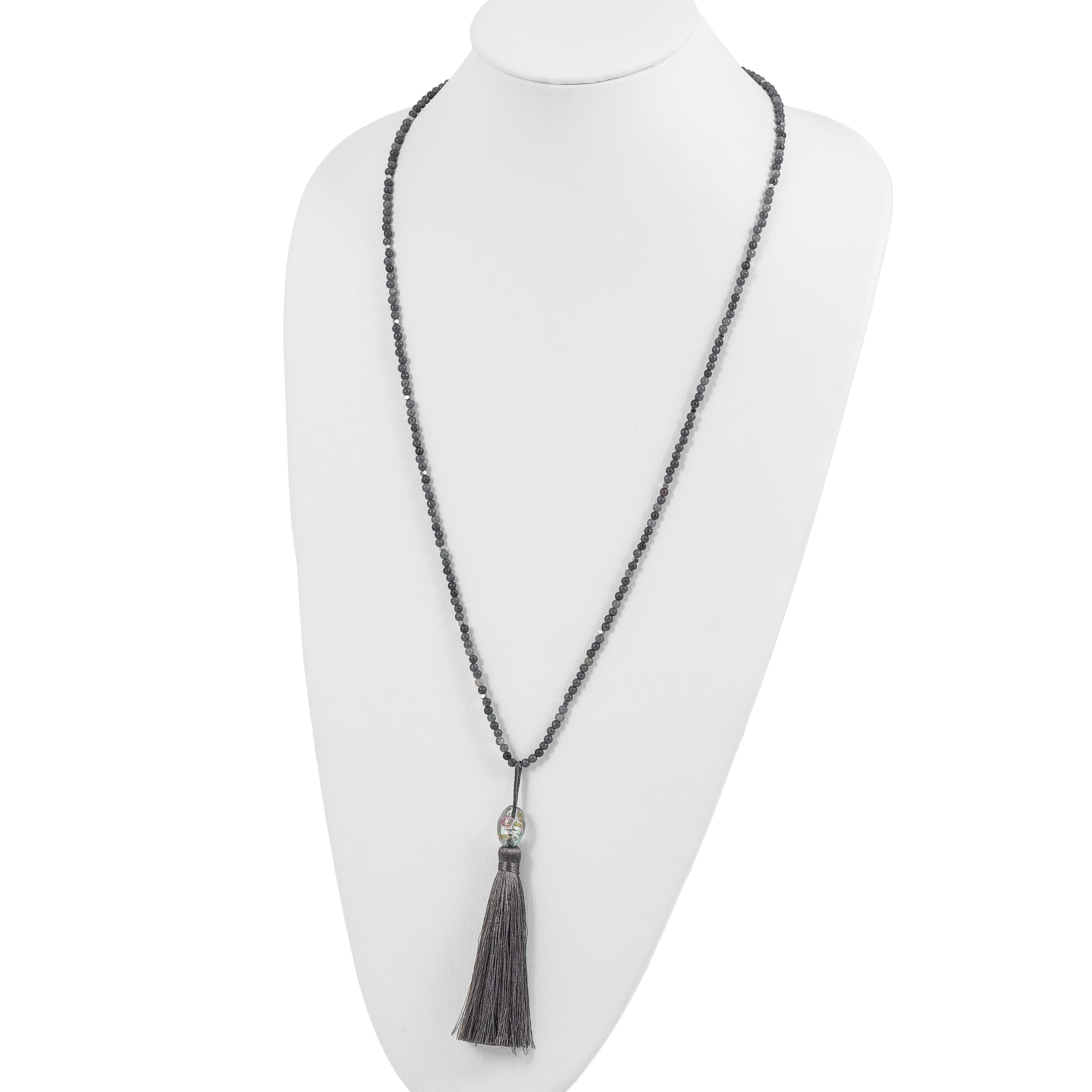Sterling Silver Beaded Necklace with Green Glass & Tassel