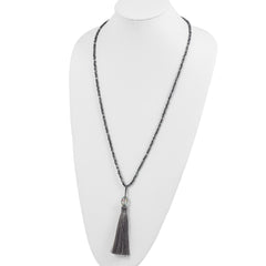 Sterling Silver Beaded Necklace with Green Glass & Tassel