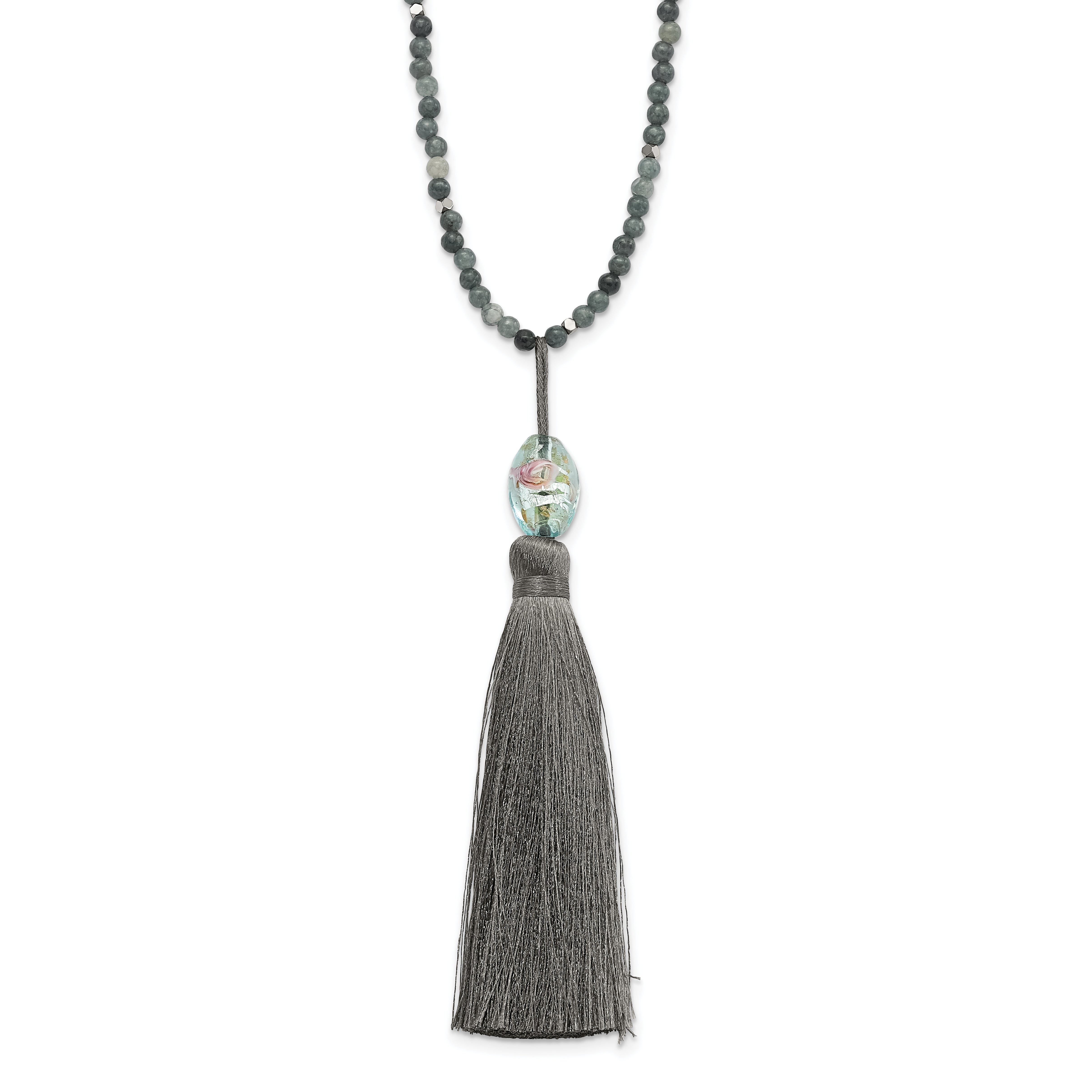 SS Green Glass/Hematite/Grey Quartz w/Nylon Tassel Drop Necklace Main image