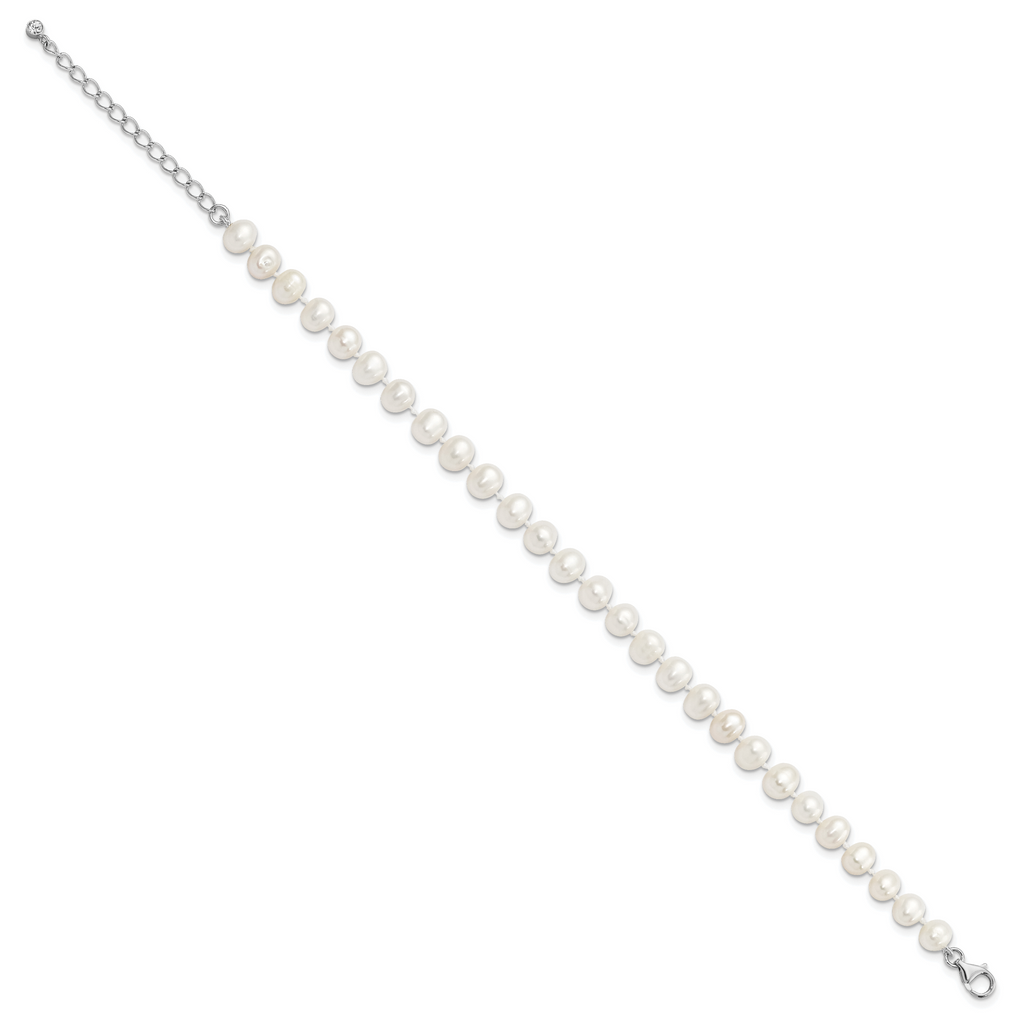 Sterling Silver Rh-plated 7-8mm FWC Pearl CZ w/2in Ext Anklet