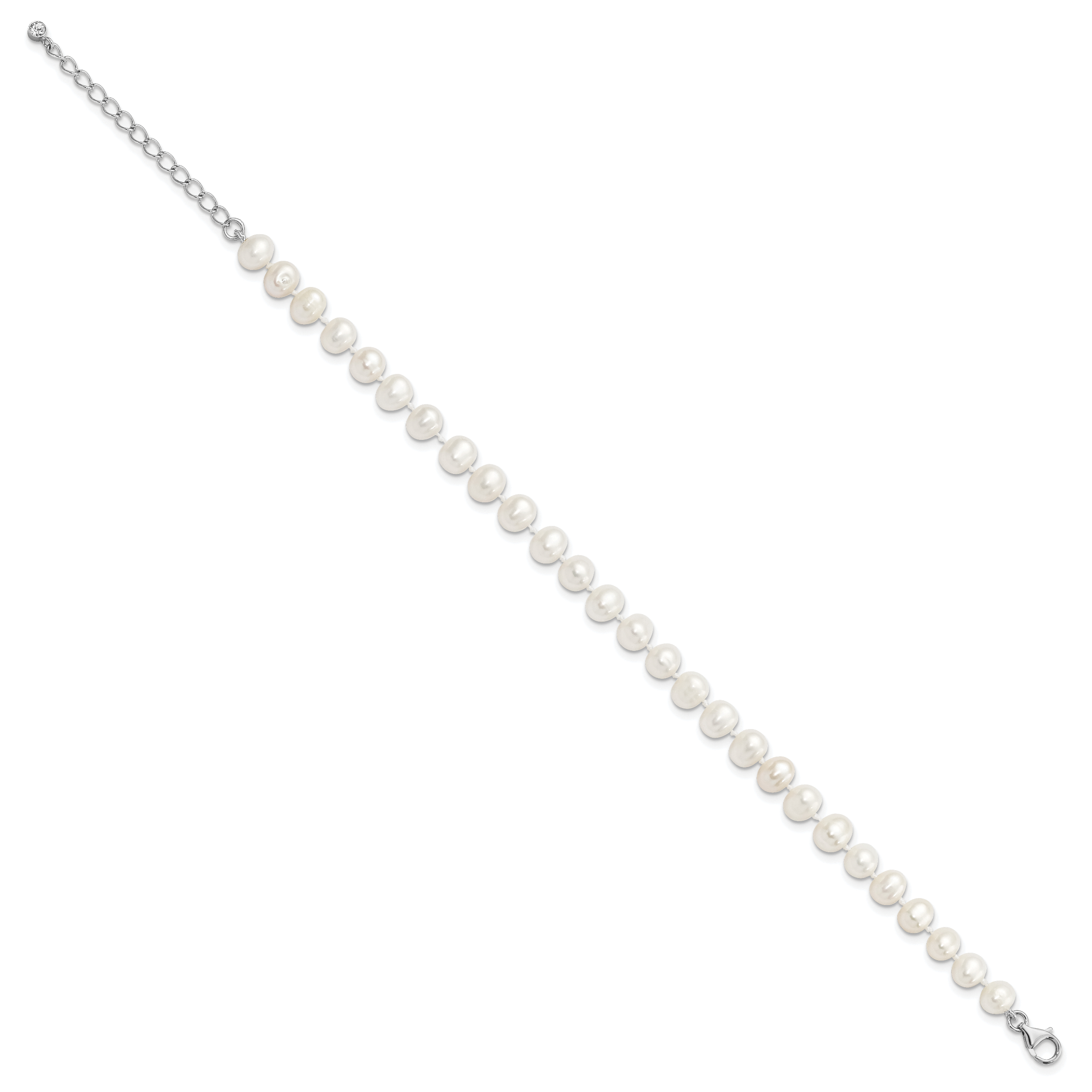 Sterling Silver Rh-plated 7-8mm FWC Pearl CZ w/2in Ext Anklet