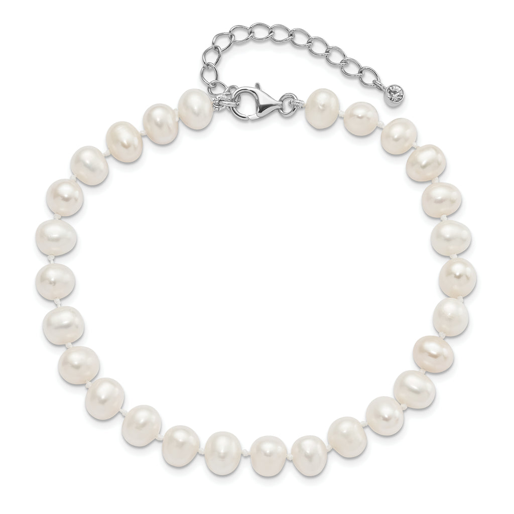 Sterling Silver Rh-plated 7-8mm FWC Pearl CZ w/2in Ext Anklet