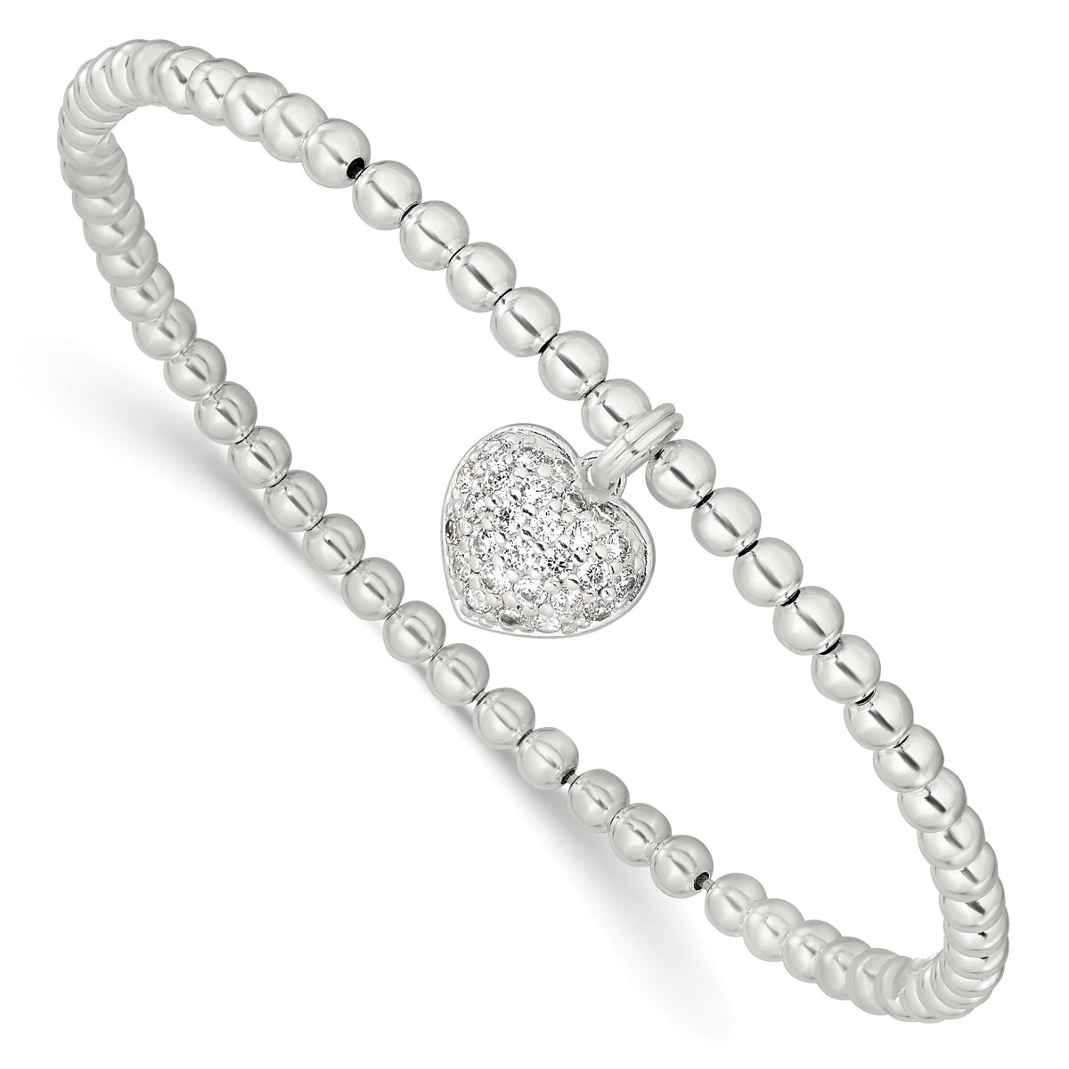 Cubic Zirconia Heart Beaded Bracelet in Sterling Silver, 3mm Stretch, 7 Inch - Sophia Jewelers Main image