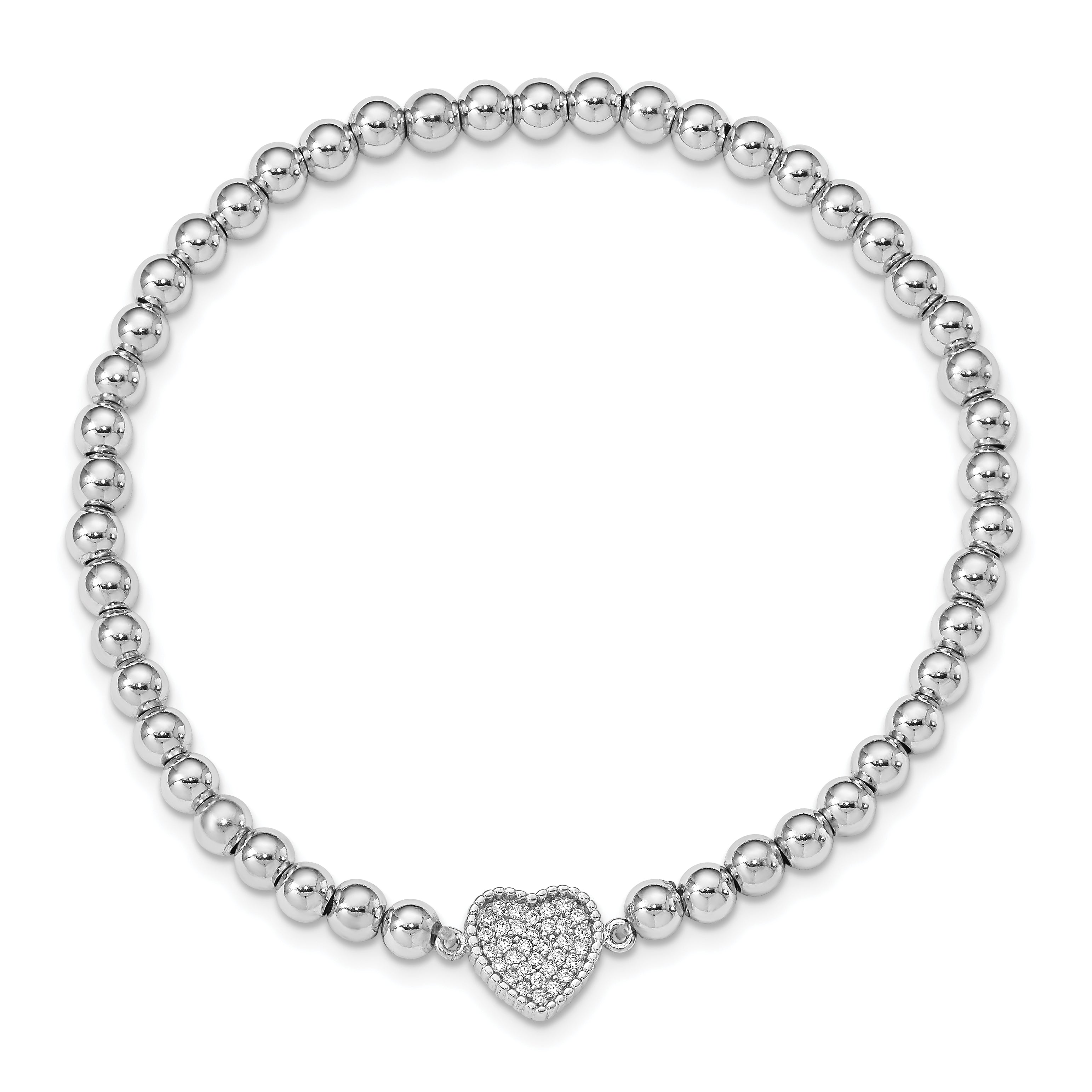Sterling Silver Rhodium-plated Polished Beaded CZ Heart Stretch Bracelet Secondary image