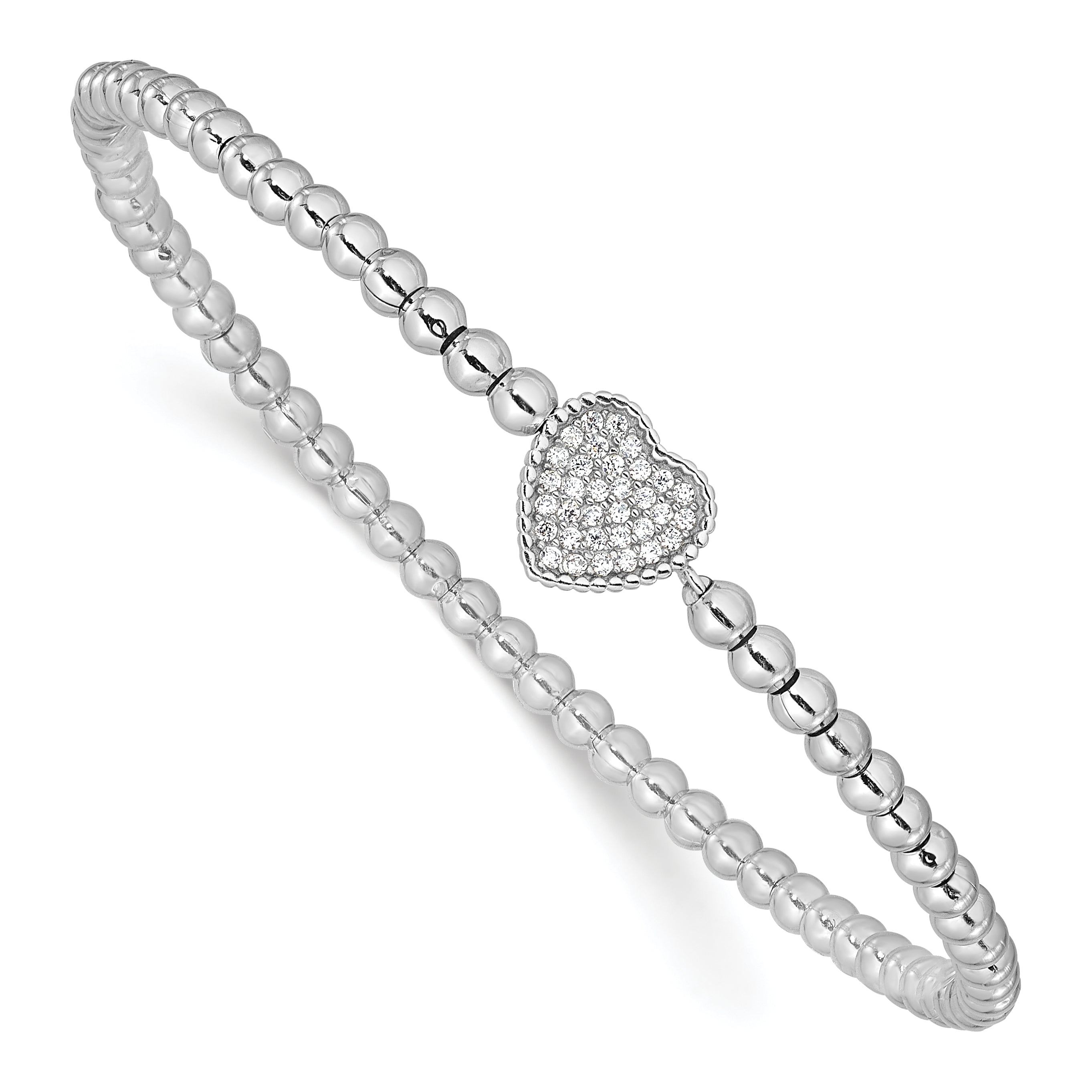 Sterling Silver Rhodium-plated Polished Beaded CZ Heart Stretch Bracelet Main image