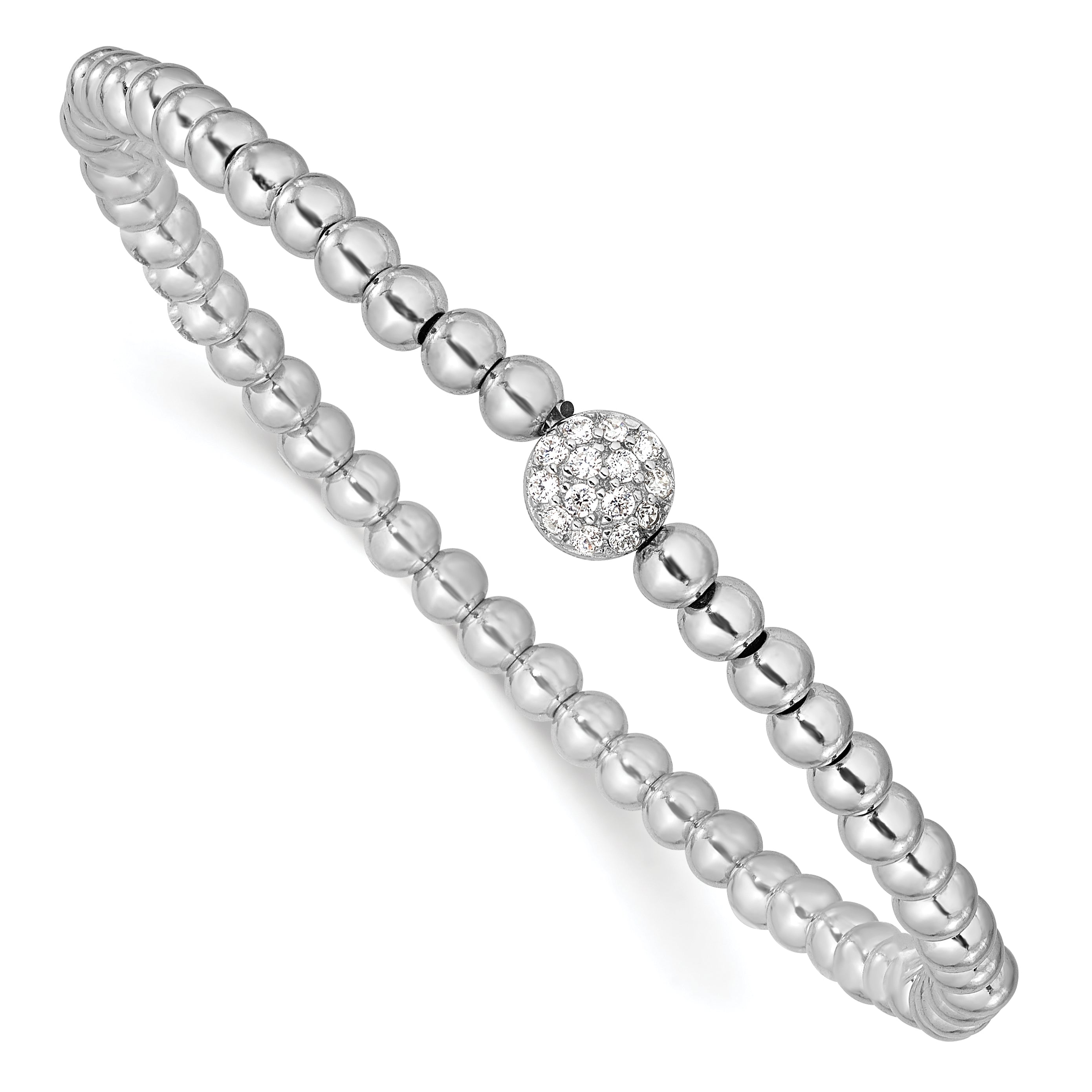 Sterling Silver Rhodium-plated Polished Beaded CZ Stretch Bracelet Main image