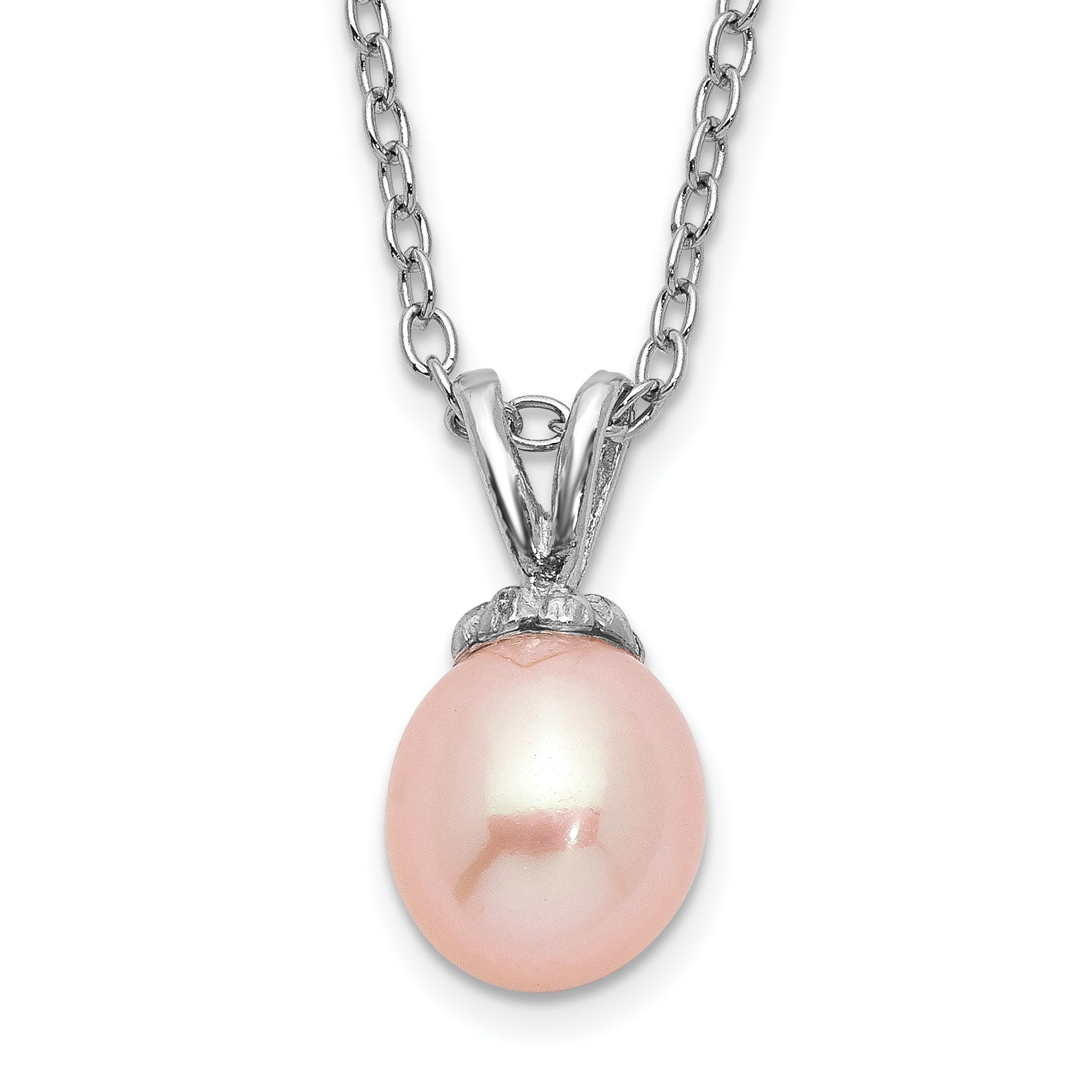 Sterling Silver Madi K Rhodium-plated Polished Pink Rice 6-7mm Freshwater Cultured Pearl Children's Necklace
