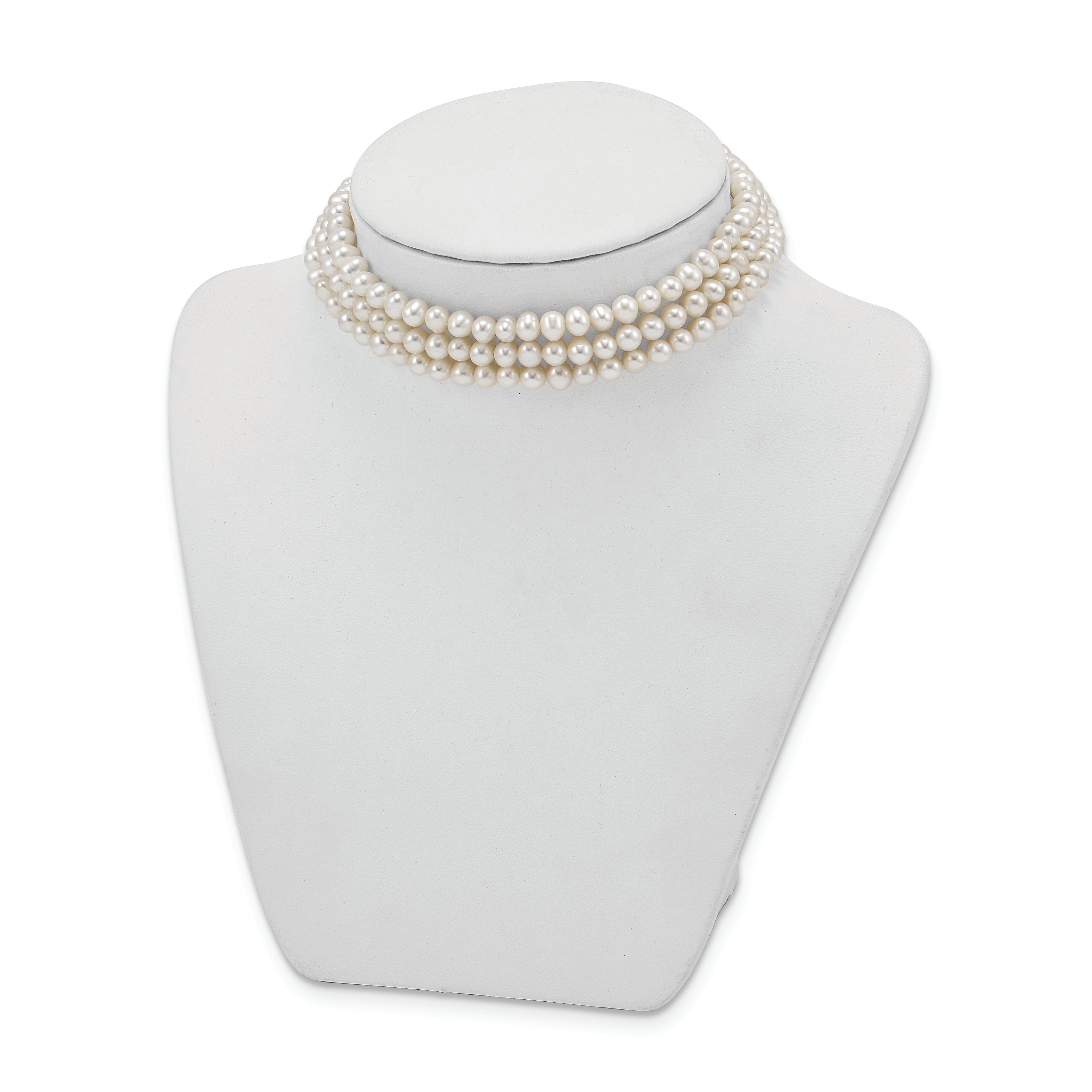 Sterling Silver Rhd-plt 5-6mm 3 rows FWC Pearl w/1.5in Choker