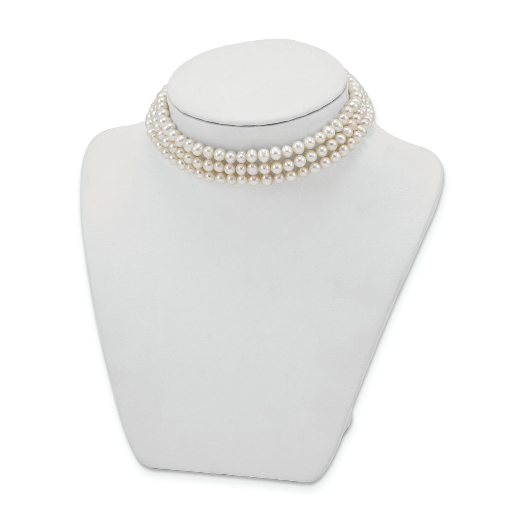 Sterling Silver Rhd-plt 5-6mm 3 rows FWC Pearl w/1.5in Choker