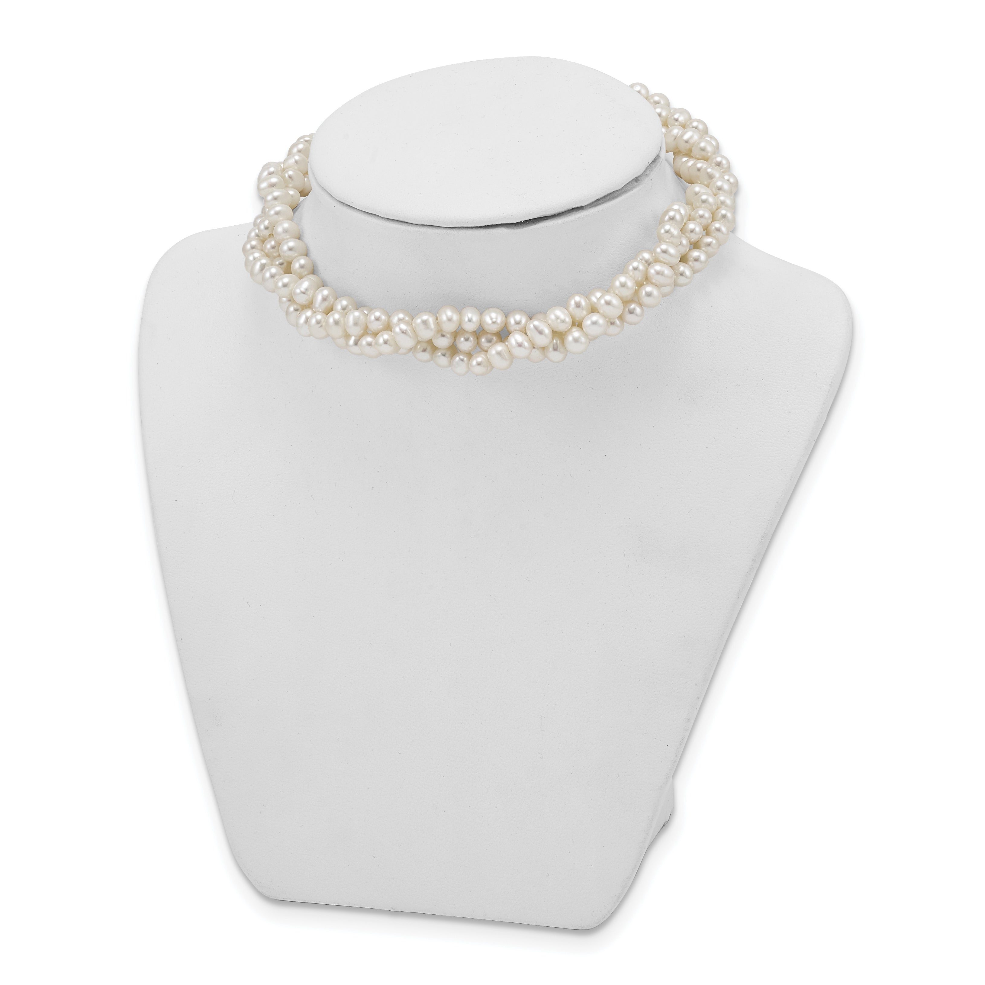 Sterling Silver Rhd-plt 5-6mm 3 rows FWC Pearl w/1.5in Choker