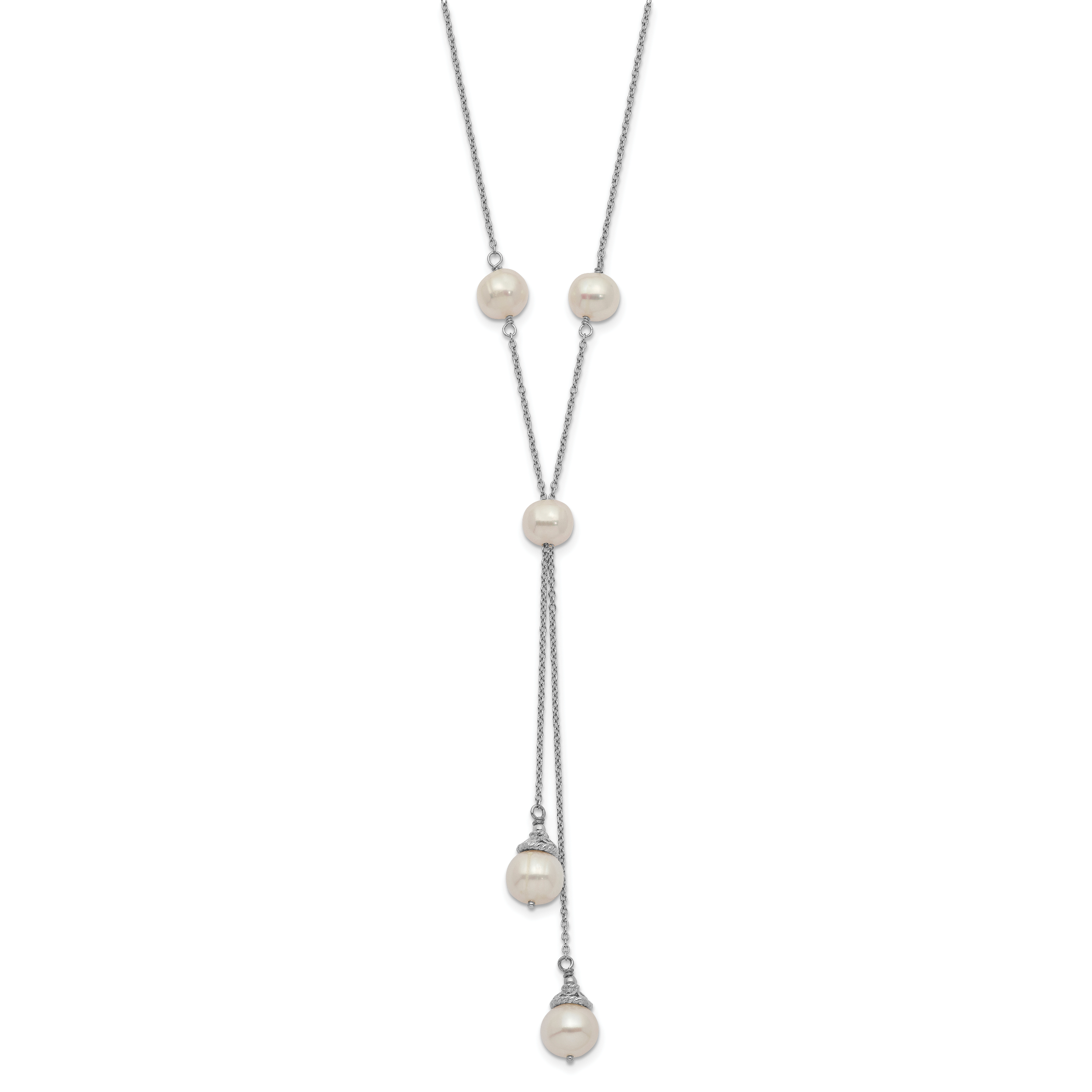 Sterling Silver Rhod-plat White FWC Pearl 9 station 2 drop 2in ext Necklace Secondary image