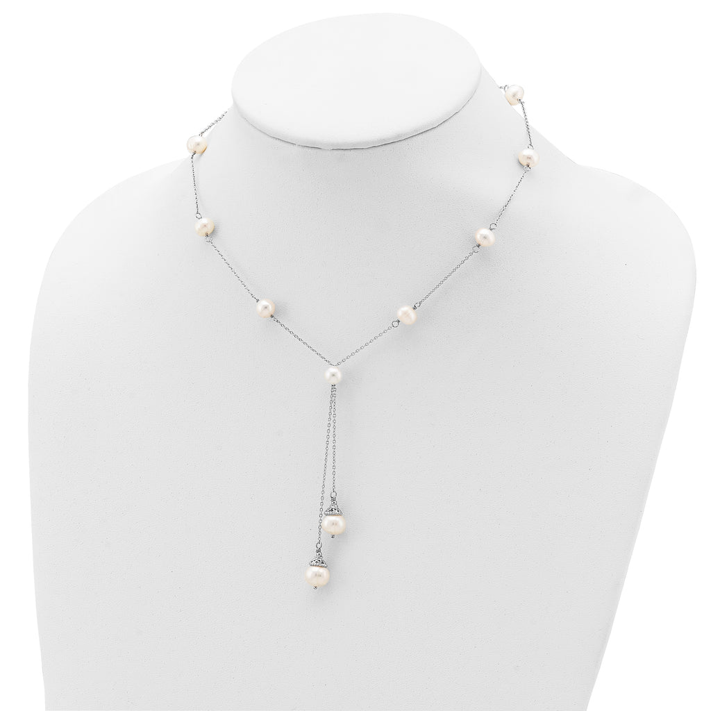 Sterling Silver Rhod-plat White FWC Pearl 9 station 2 drop 2in ext Necklace