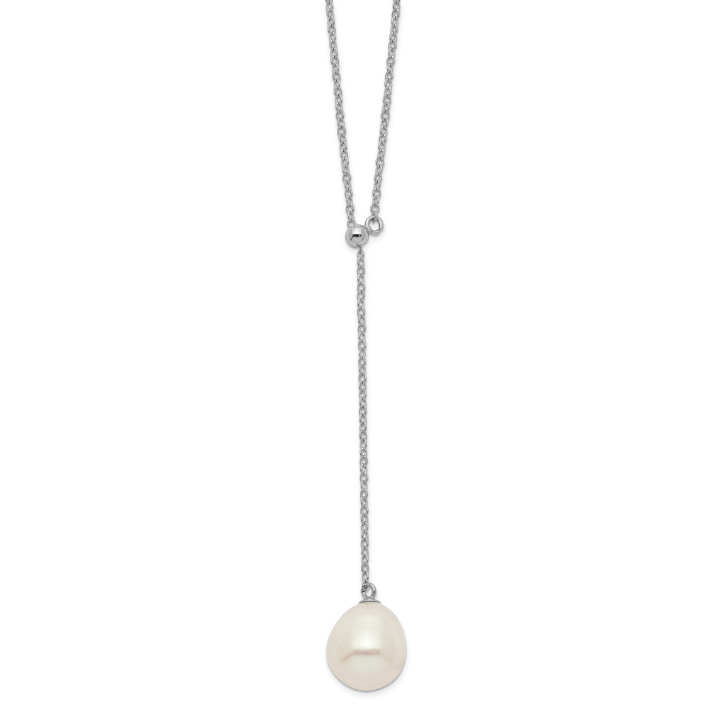 Sterling Silver Rhod-plat 10-11mm White Rice FWC Pearl Drop Necklace