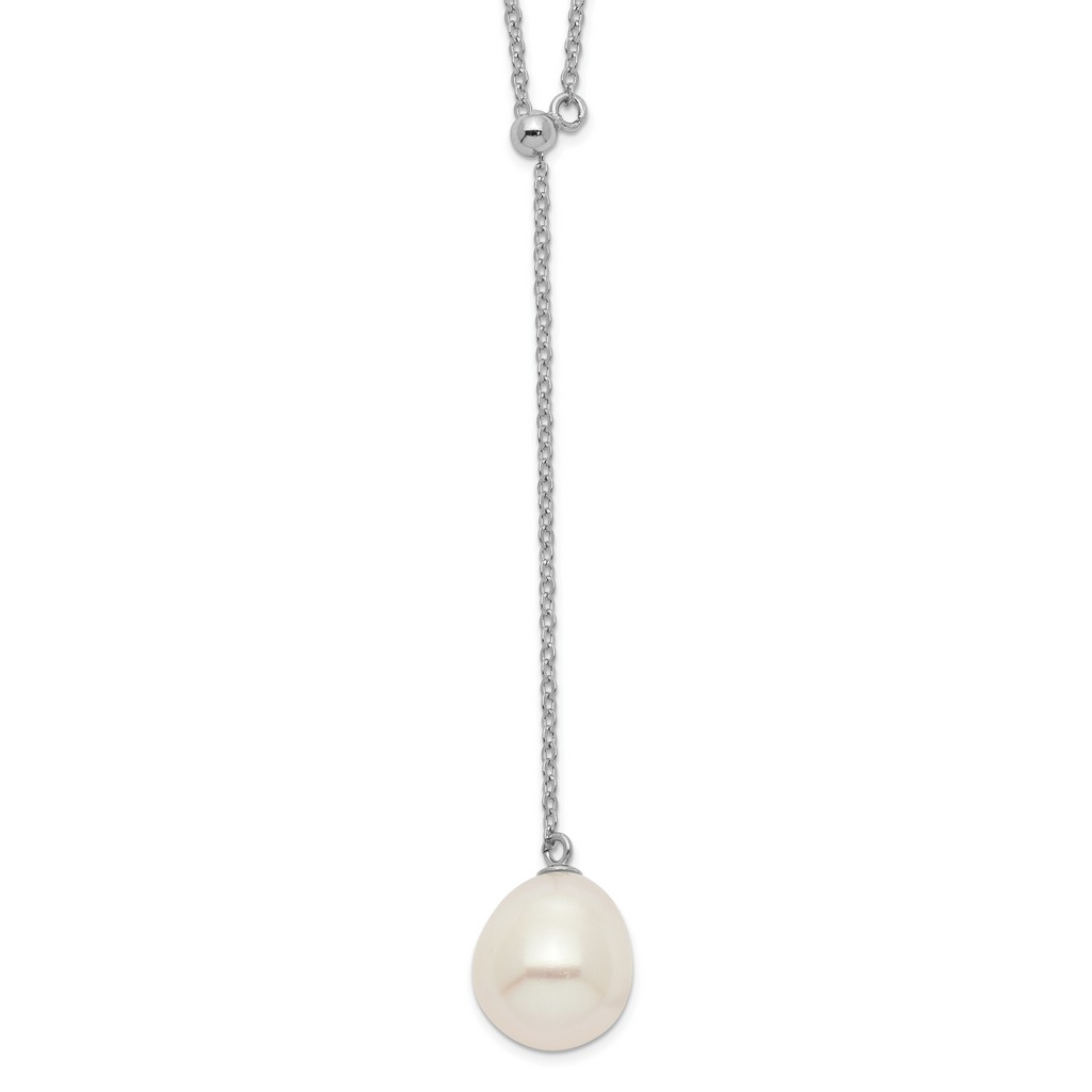 Sterling Silver Rhod-plat 10-11mm White Rice FWC Pearl Drop Necklace