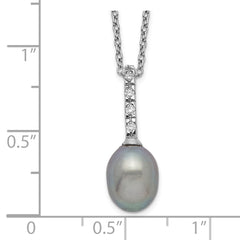 Sterling Silver Rhod-plat 7-8mm Grey FWC Pearl CZ Necklace