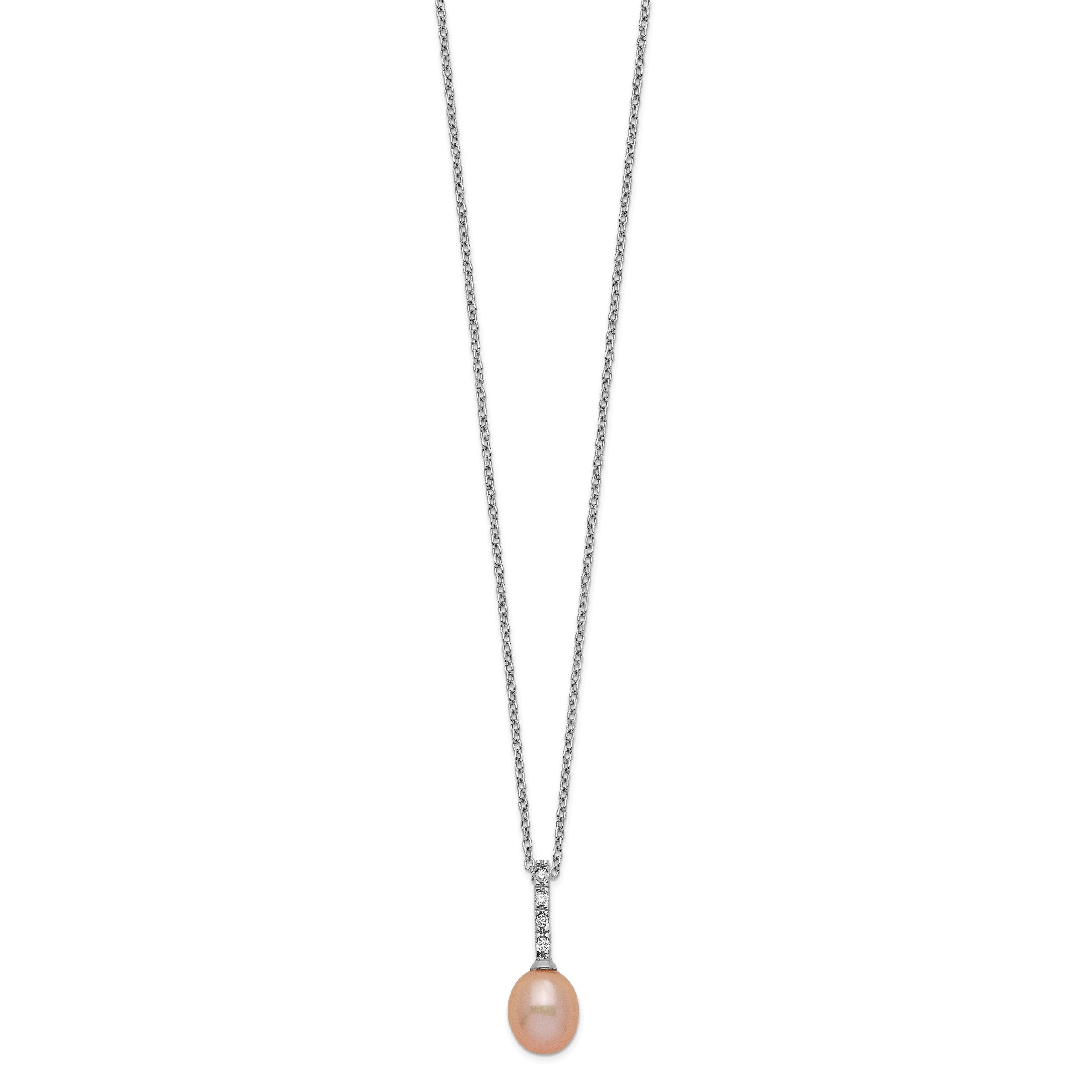 Sterling Silver Rhod-plat 7-8mm Pink FWC Pearl CZ Necklace