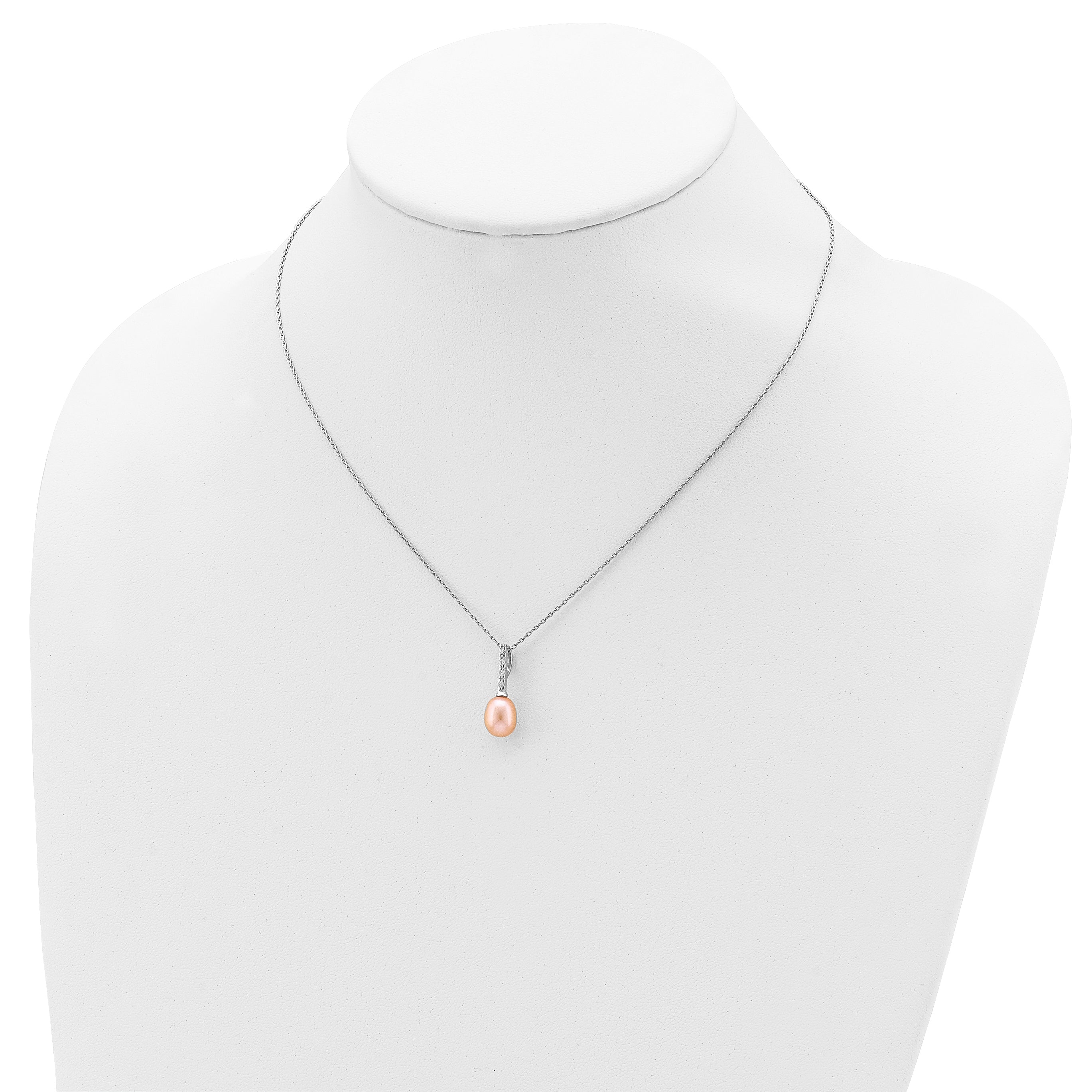 Sterling Silver Rhod-plat 7-8mm Pink FWC Pearl CZ Necklace