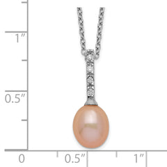 Sterling Silver Rhod-plat 7-8mm Pink FWC Pearl CZ Necklace