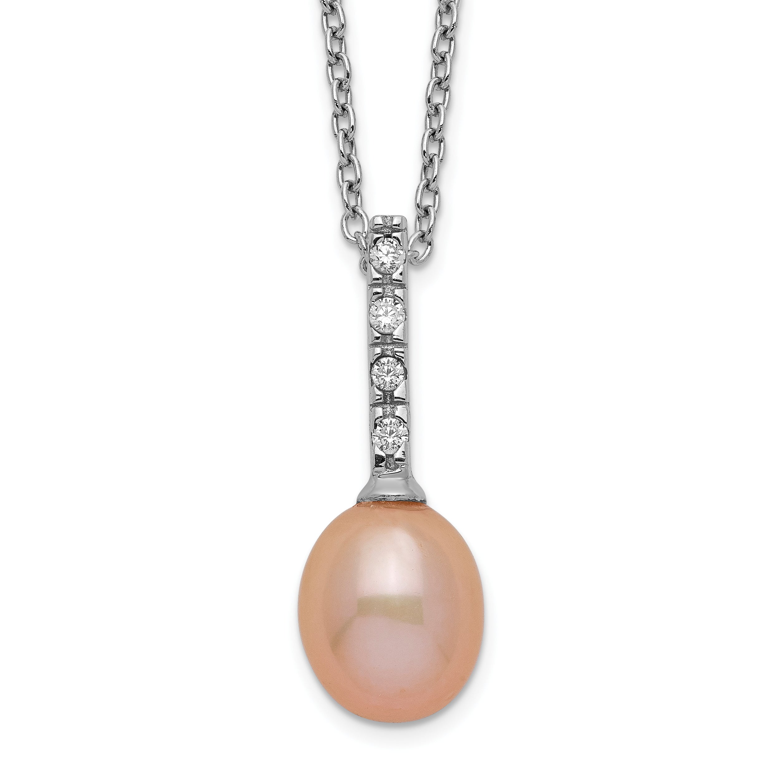 Sterling Silver Rhod-plat 7-8mm Pink FWC Pearl CZ Necklace